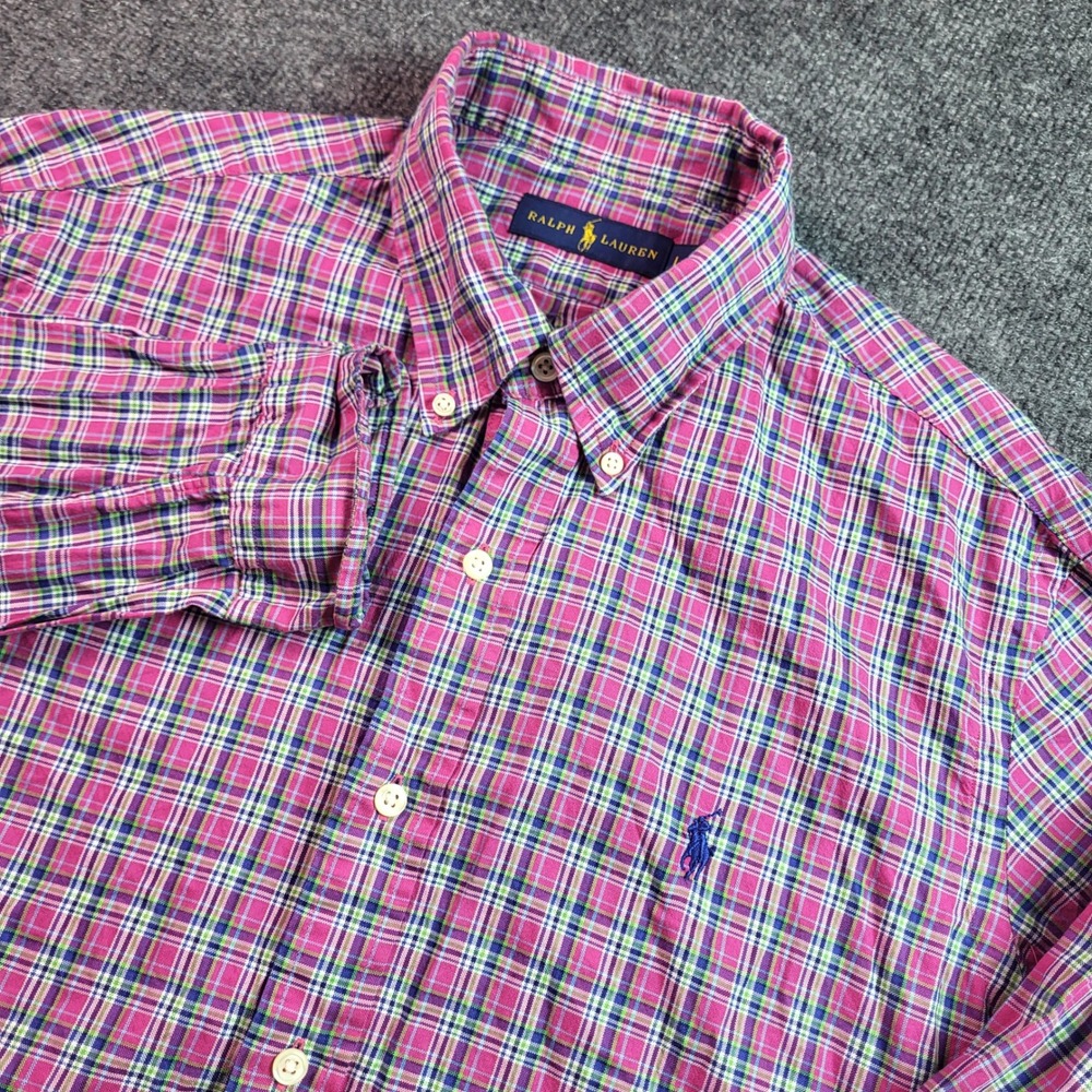 Ralph Lauren Mens Large Pink Plaid Button Down Shirt Long Sleeve Cotton Classic